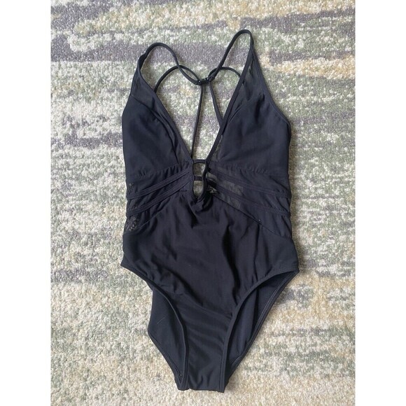 JETS by Jessika Allen US Sz 4 Black Mesh Deep Plunge One-Piece Retails $178 - Picture 2 of 7